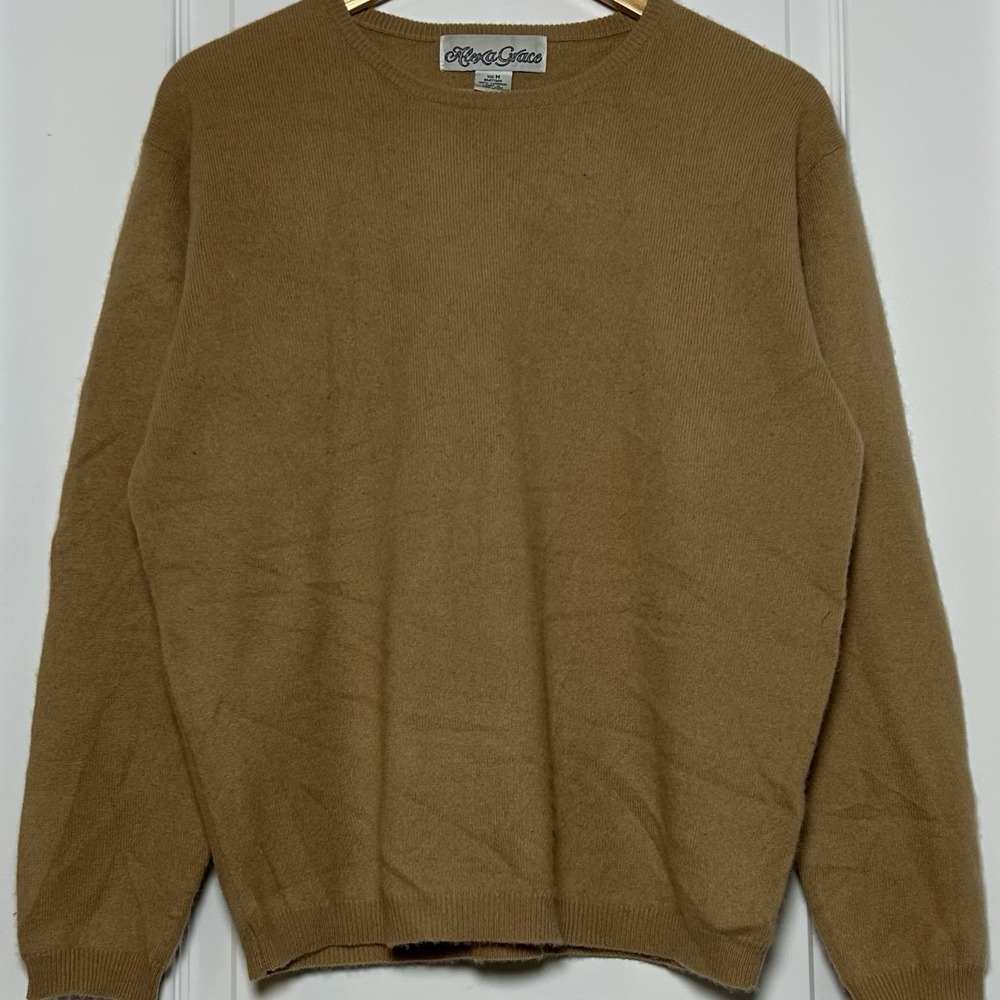 Alexa Grace 100% Cashmere Camel Crew Neck Pullover Sweater Quiet Luxury Style